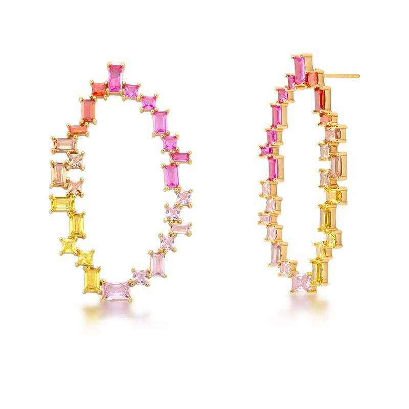 18 kt Yellow Gold Plated Multicolor CZ Earrings and Cuff Bracelet Jewelry Set