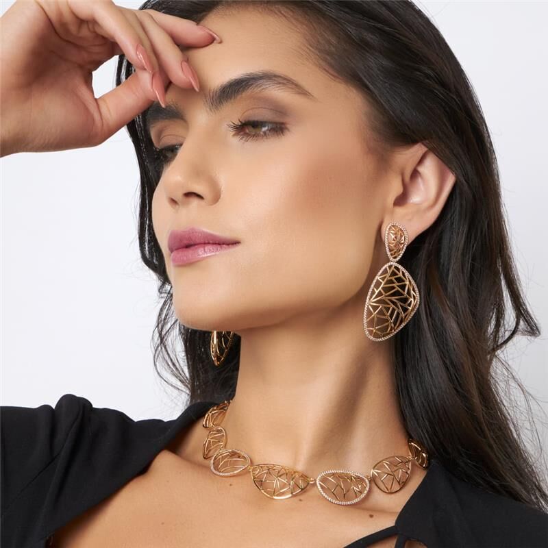 18kt Yellow Gold-Plated CZ Geometric Filigree Earrings & Necklace Jewelry Set