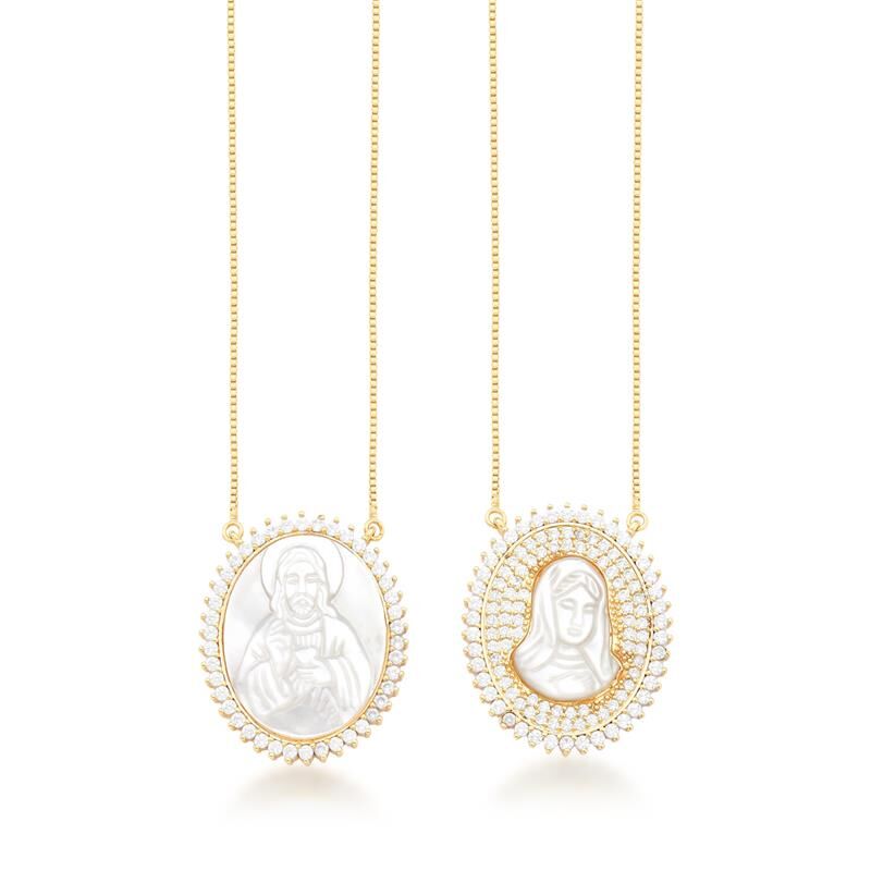 18kt Yellow Gold-Plated Zircon Mother of Pearl Religious Protection Scapular Necklace