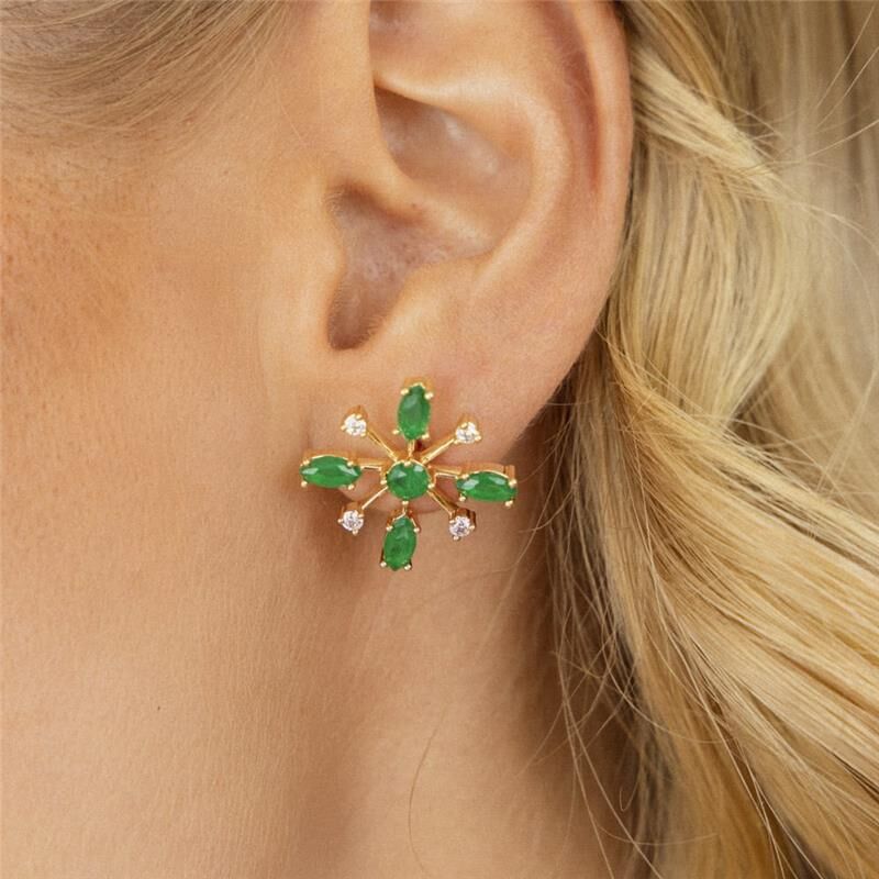 Green Emerald CZ 18kt Yellow Gold Plated Fireworks Earrings