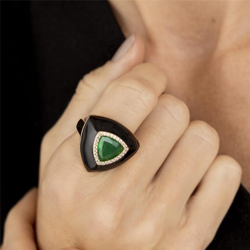 18kt Yellow Gold Green Emerald Onyx Triangular Women's Gemstone Ring Size 9 US