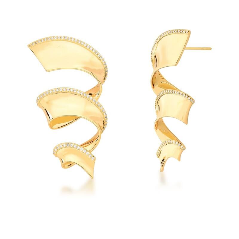 18kt Yellow Gold CZ Geometric Waves Statement Women's Earrings