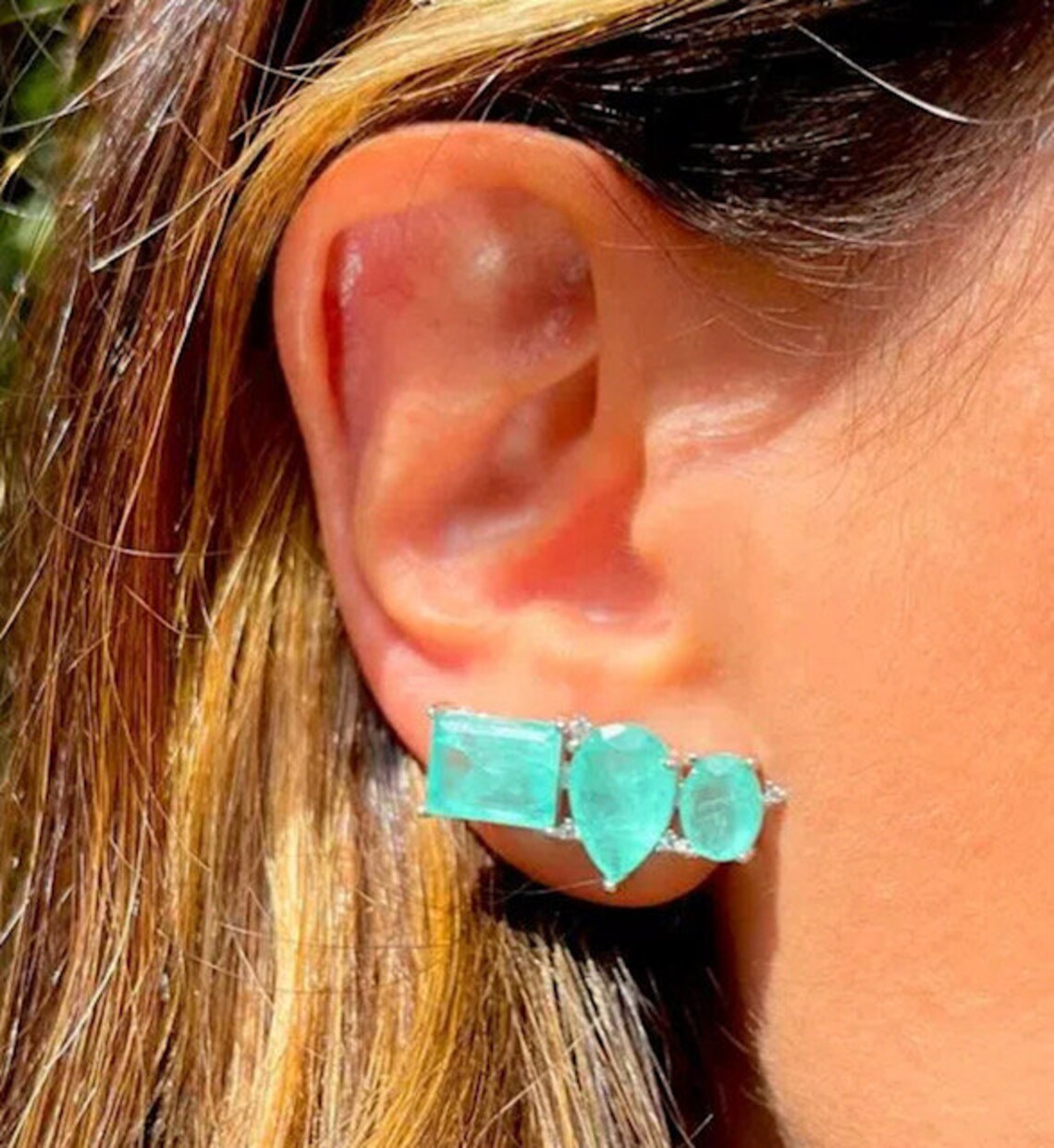 Beach Wedding Aqua Blue Earrings | Natural Colombian Emerald CZ 925 Silver Geometric Post Earrings | Gemstone Earrings | Geometric Jewelry
