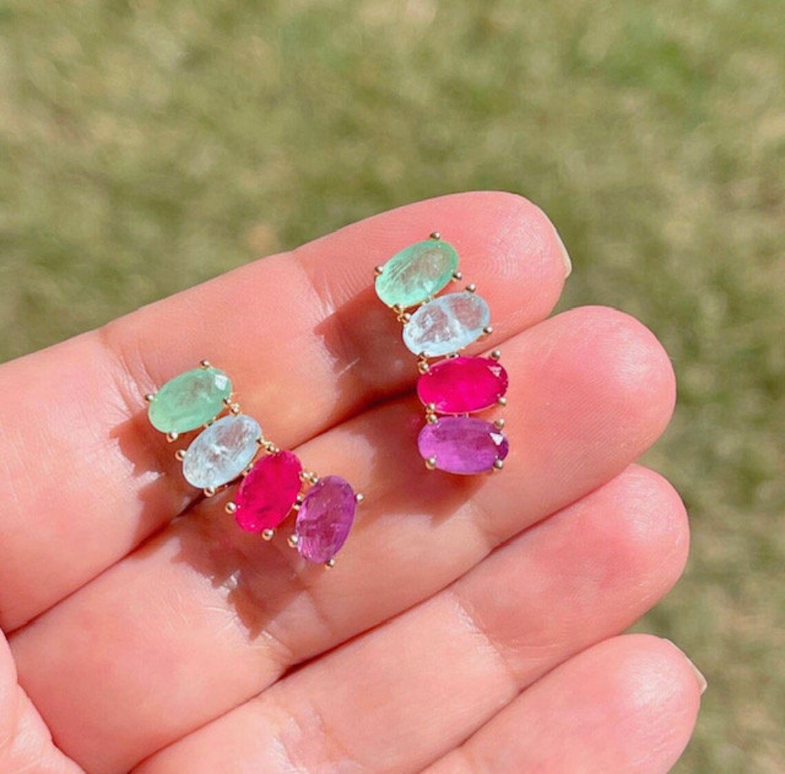 Multicolor Paraiba Tourmaline Amethyst Emerald Ear Cuff Gold Earrings | Gemstone Gold Ear Cuff | Gold Ear Climber | Colorful Gold Earrings