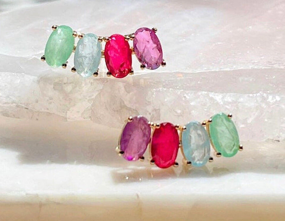 Multicolor Paraiba Tourmaline Amethyst Emerald Ear Cuff Gold Earrings | Gemstone Gold Ear Cuff | Gold Ear Climber | Colorful Gold Earrings