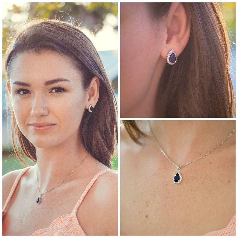 Blue Sapphire Teardrop Earrings & Necklace Jewelry Set