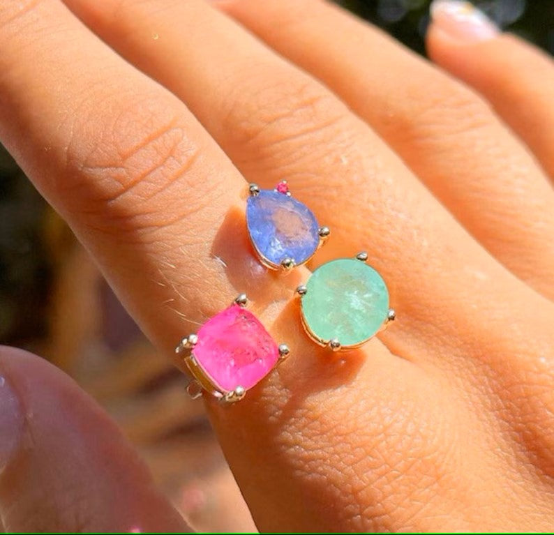 Colombian Emerald Tanzanite Pink Tourmaline Gold Plated Minimalist Ring