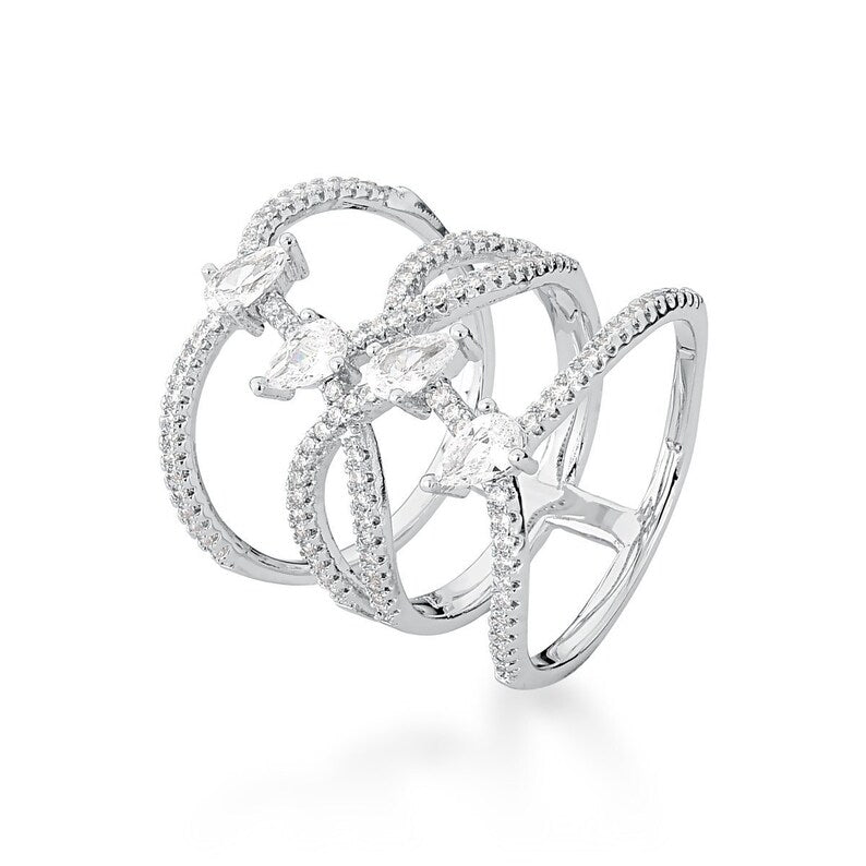 Statement Ring, CZ Silver Ring, Crystal White Gold Long Ring, Fashion Diamond Mock Ring, CZ Rings for Women, Zircon Statement Rings