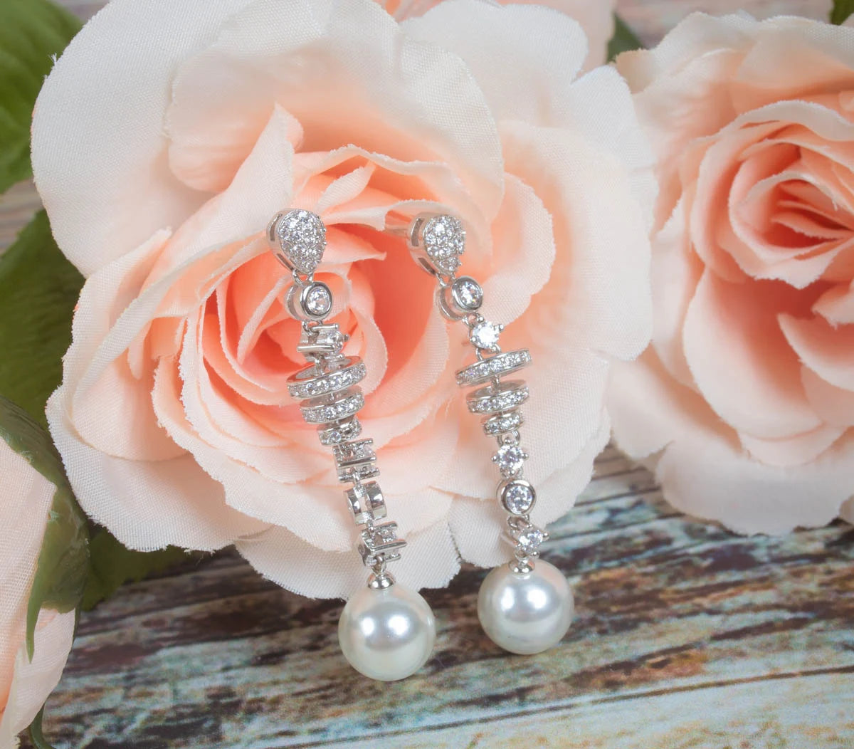 Long Pearl Earrings, Crystal Pearl Dangle Earrings, White pearl Wedding Earrings, Crystal Pearl Bridal Earrings, Classic Pearl Earrings