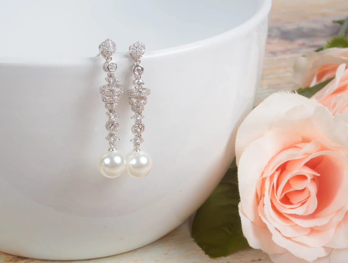 Long Pearl Earrings, Crystal Pearl Dangle Earrings, White pearl Wedding Earrings, Crystal Pearl Bridal Earrings, Classic Pearl Earrings