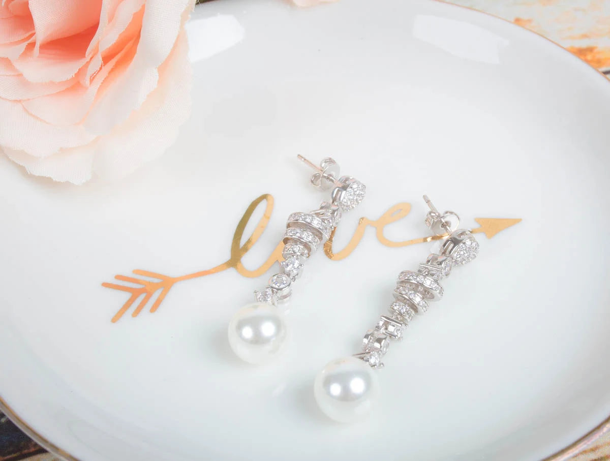 Long Pearl Earrings, Crystal Pearl Dangle Earrings, White pearl Wedding Earrings, Crystal Pearl Bridal Earrings, Classic Pearl Earrings