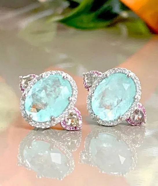 Neon Aqua Blue Oval Paraiba Tourmaline Pink Green CZ Crystal Pendant Necklace | Women's Statement Necklace | Gemstone Silver Necklace