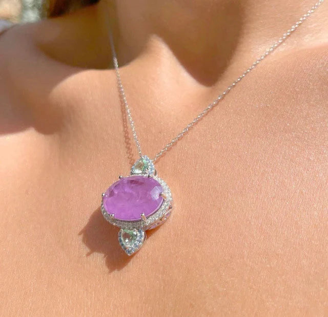Neon Aqua Blue Oval Paraiba Tourmaline Pink Green CZ Crystal Pendant Necklace | Women's Statement Necklace | Gemstone Silver Necklace