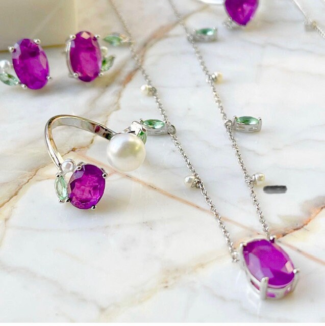 Oval Purple Amethyst Pearl Green Zircon Leaf Earrings & Necklace Jewelry Set | Amethyst Jewelry | Gemstone Amethyst Silver Jewelry Set