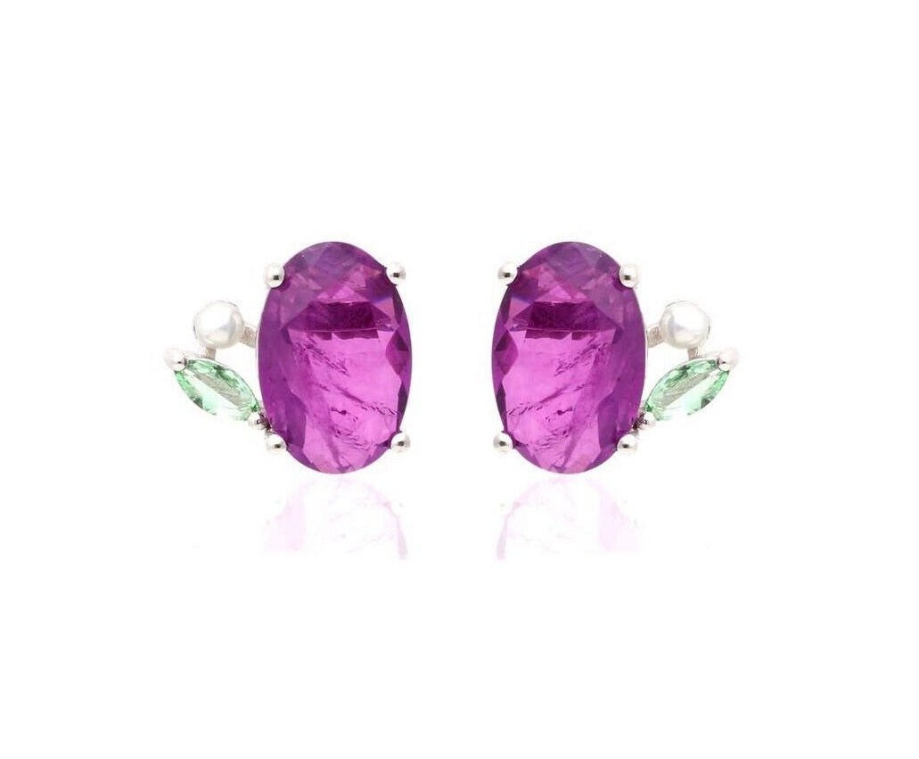 Oval Purple Amethyst Pearl Green Zircon Leaf Earrings & Necklace Jewelry Set | Amethyst Jewelry | Gemstone Amethyst Silver Jewelry Set