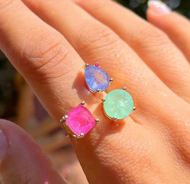 Colombian Emerald Tanzanite Pink Tourmaline Gold Necklace Earrings & Ring Jewelry Set | Gemstome Jewelry | Minimalist Jewelry