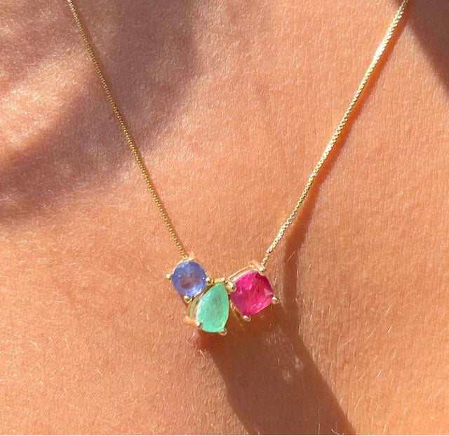 Colombian Emerald Tanzanite Pink Tourmaline Gold Necklace Earrings & Ring Jewelry Set | Gemstome Jewelry | Minimalist Jewelry