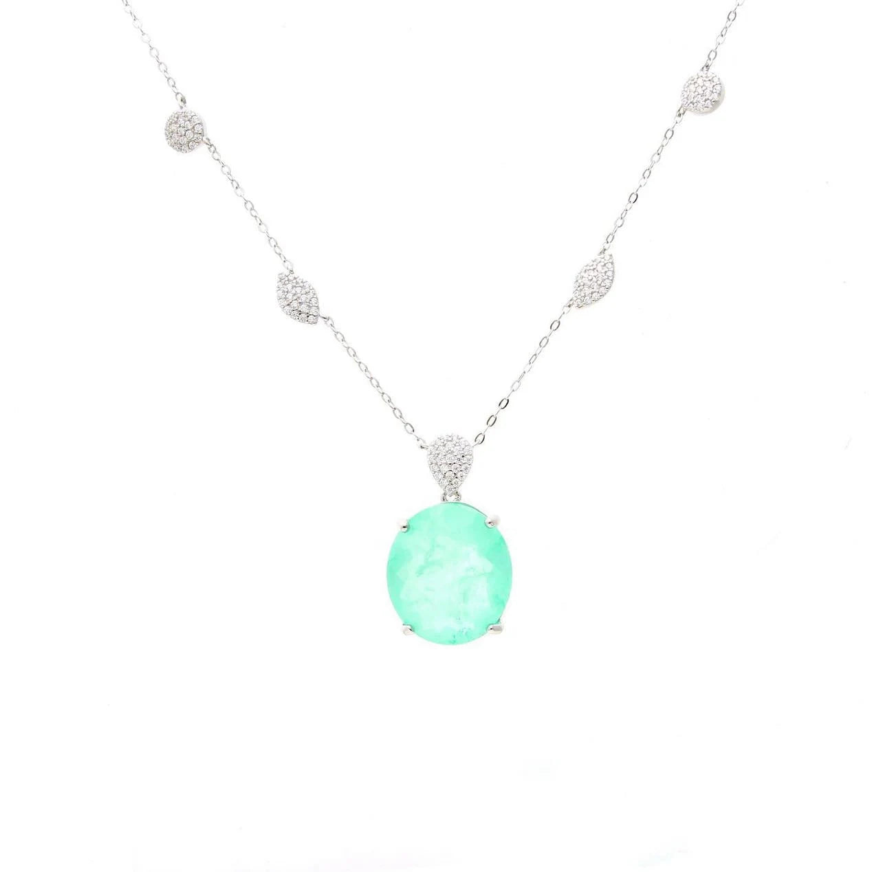 Oval Paraiba Tourmaline CZ Geometric Charms Silver Pendant Necklace | Aqua Blue Stone CZ Necklace | Beach Wedding Jewelry | Gift for Her