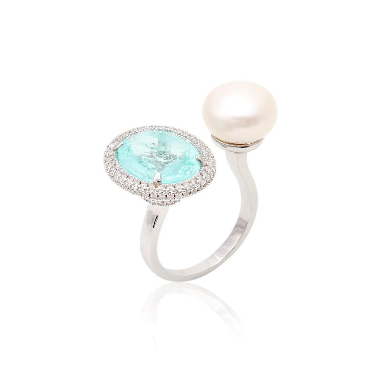 Oval Paraiba Tourmaline CZ Silver Pendant Pearl Beaded Necklace, Beach Wedding Pearl Jewelry, Aqua Blue Wedding Necklace, Statement Jewelry