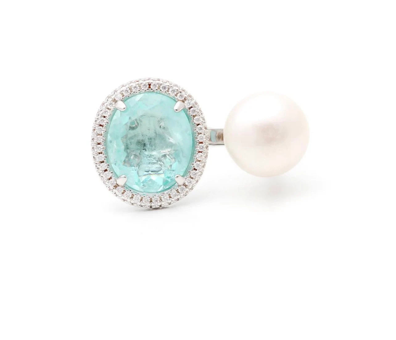 Oval Paraiba Tourmaline CZ Silver Pendant Pearl Beaded Necklace, Beach Wedding Pearl Jewelry, Aqua Blue Wedding Necklace, Statement Jewelry
