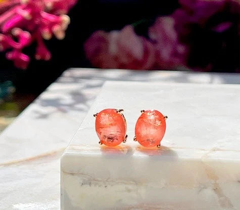 Orange Fusion Gemstone Gold Studs | Oval Studs | Orange Earrings | Gifts for Her | Minimalist Earrings | Dainty Earrings | Women's earrings