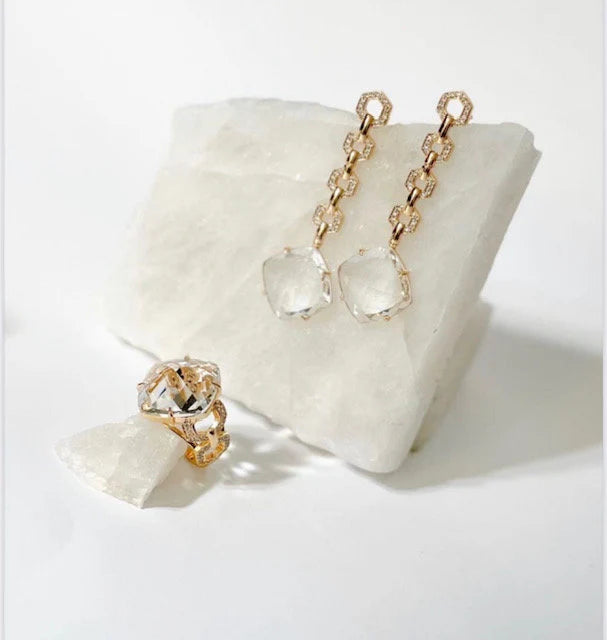 Square Orange Topaz Crystal Zircon Gold Dangle Earrings | Gemstone Long Earrings | Statement Jewelry | Unique Women's Jewelry