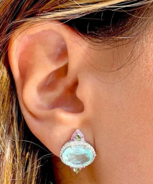 Neon Aqua Blue Oval Paraiba Tourmaline Pink Green CZ Crystal Pendant Necklace | Women's Statement Necklace | Gemstone Silver Necklace