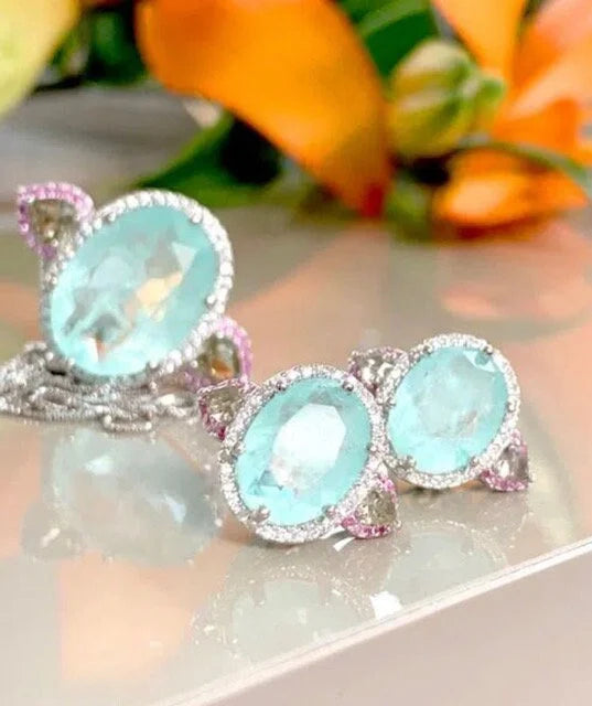 Neon Aqua Blue Oval Paraiba Tourmaline Pink Green CZ Crystal Pendant Necklace | Women's Statement Necklace | Gemstone Silver Necklace