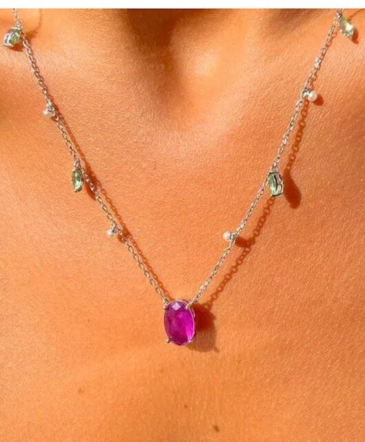 Oval Purple Amethyst Pearl Green Zircon Leaf Earrings & Necklace Jewelry Set | Amethyst Jewelry | Gemstone Amethyst Silver Jewelry Set