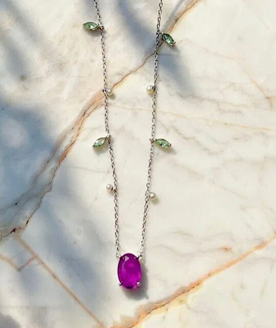 Oval Purple Amethyst Pearl Green Zircon Leaf Earrings & Necklace Jewelry Set | Amethyst Jewelry | Gemstone Amethyst Silver Jewelry Set