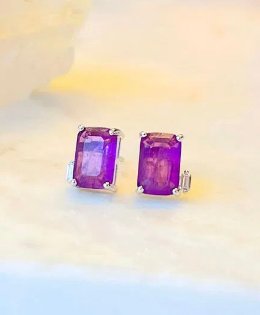 Minimalist Amethyst Studs | Dainty Amethyst Zircon Silver Earrings | Amethyst Silver Earrings & Necklace Set | February Birthstone Jewelry