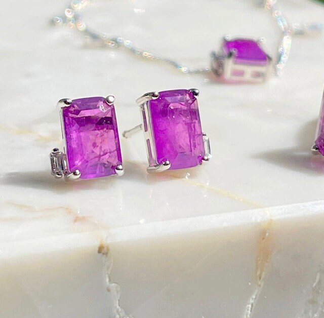 Minimalist Amethyst Studs | Dainty Amethyst Zircon Silver Earrings | Amethyst Silver Earrings & Necklace Set | February Birthstone Jewelry