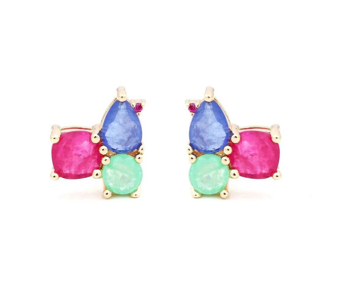 Colombian Emerald Tanzanite Pink Tourmaline Gold Necklace Earrings & Ring Jewelry Set | Gemstome Jewelry | Minimalist Jewelry