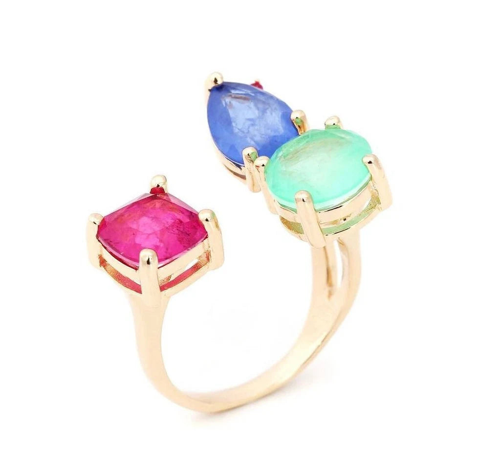 Colombian Emerald Tanzanite Pink Tourmaline Gold Necklace Earrings & Ring Jewelry Set | Gemstome Jewelry | Minimalist Jewelry