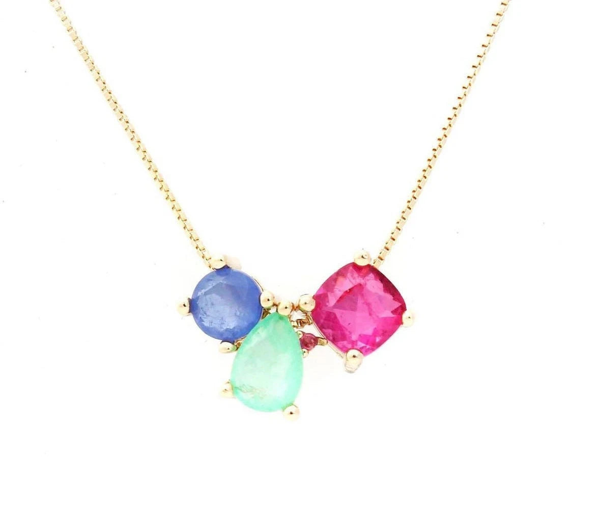 Colombian Emerald Tanzanite Pink Tourmaline Gold Necklace Earrings & Ring Jewelry Set | Gemstome Jewelry | Minimalist Jewelry
