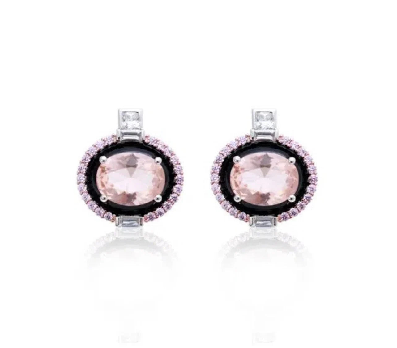Oval Pink CZ Black Enamel Post Earrings | Exclusive Design Earrings | Gemstone Earrings | Women's Post Earrings | Blush Stone Earrings
