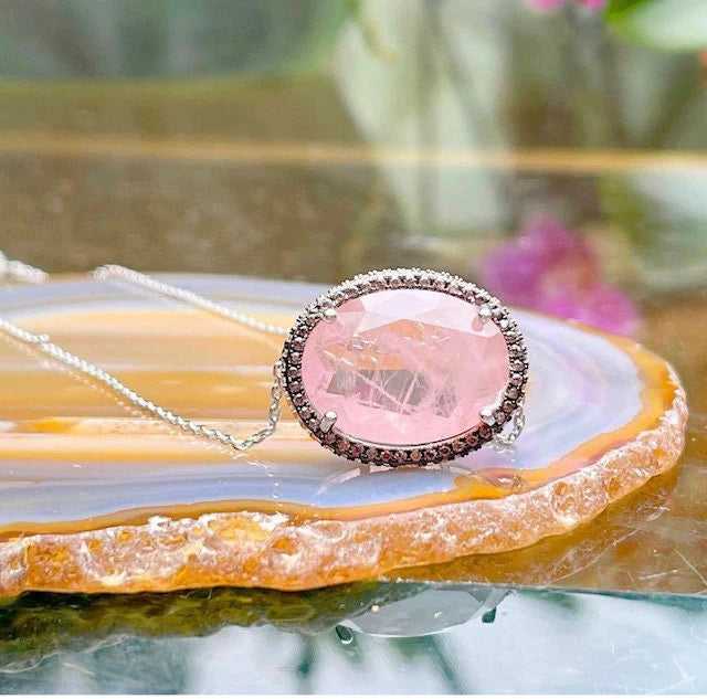 Oval Rose Quartz Champagne Diamond Simulated Silver Pendant Necklace | Rose Quartz Jewelry | Gifts for Her | Gemstone Necklace