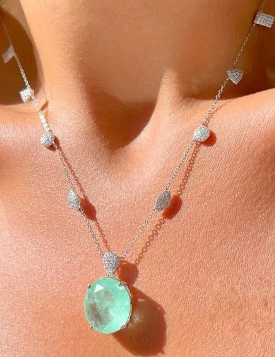 Oval Paraiba Tourmaline CZ Geometric Charms Silver Pendant Necklace | Aqua Blue Stone CZ Necklace | Beach Wedding Jewelry | Gift for Her
