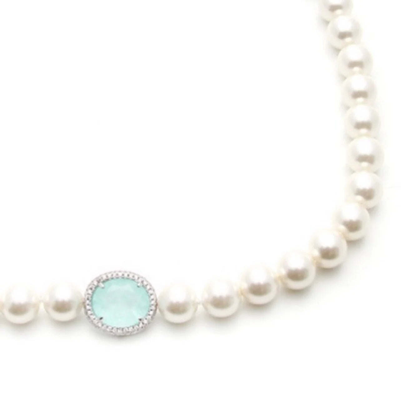 Oval Paraiba Tourmaline CZ Silver Pendant Pearl Beaded Necklace, Beach Wedding Pearl Jewelry, Aqua Blue Wedding Necklace, Statement Jewelry