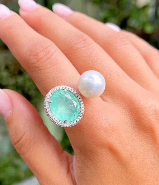 Oval Paraiba Tourmaline CZ Silver Pendant Pearl Beaded Necklace, Beach Wedding Pearl Jewelry, Aqua Blue Wedding Necklace, Statement Jewelry