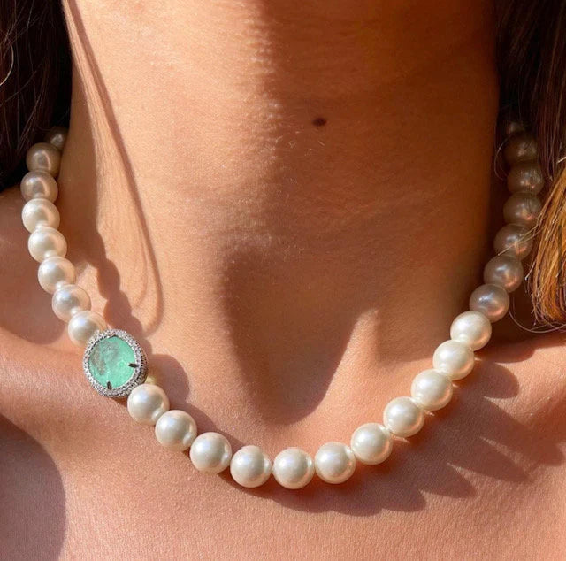 Oval Paraiba Tourmaline CZ Silver Pendant Pearl Beaded Necklace, Beach Wedding Pearl Jewelry, Aqua Blue Wedding Necklace, Statement Jewelry