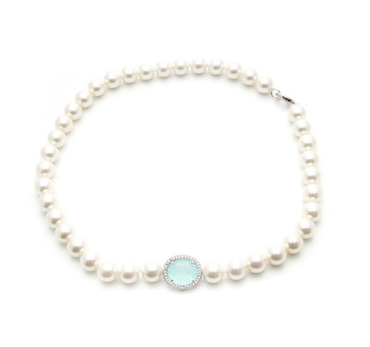 Oval Paraiba Tourmaline CZ Silver Pendant Pearl Beaded Necklace, Beach Wedding Pearl Jewelry, Aqua Blue Wedding Necklace, Statement Jewelry