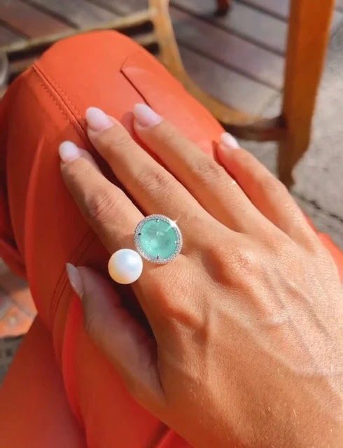 Oval Paraiba Tourmaline CZ Silver Pendant Pearl Beaded Necklace, Beach Wedding Pearl Jewelry, Aqua Blue Wedding Necklace, Statement Jewelry