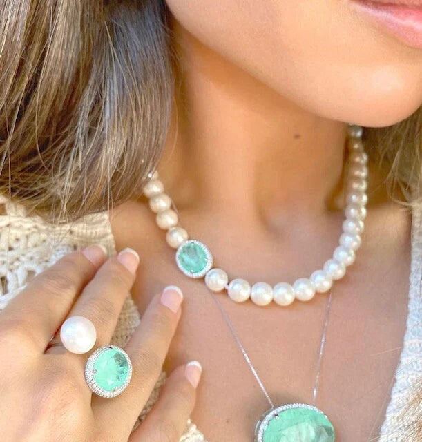 Oval Paraiba Tourmaline CZ Silver Pendant Pearl Beaded Necklace, Beach Wedding Pearl Jewelry, Aqua Blue Wedding Necklace, Statement Jewelry