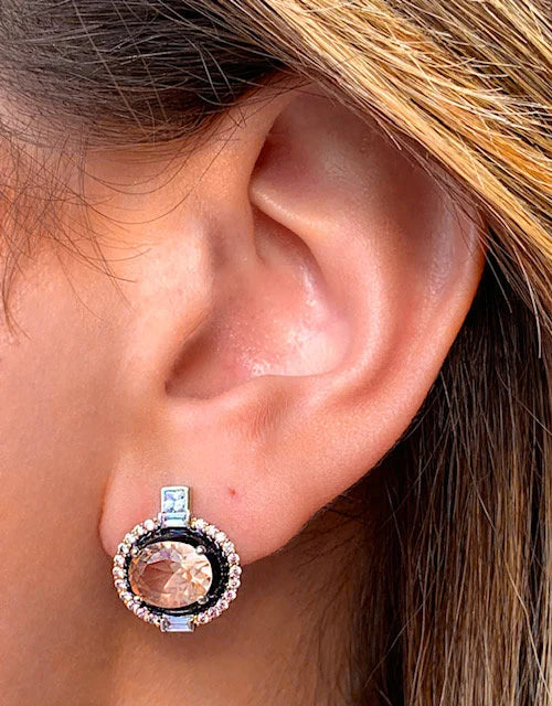Oval Pink CZ Black Enamel Post Earrings | Exclusive Design Earrings | Gemstone Earrings | Women's Post Earrings | Blush Stone Earrings