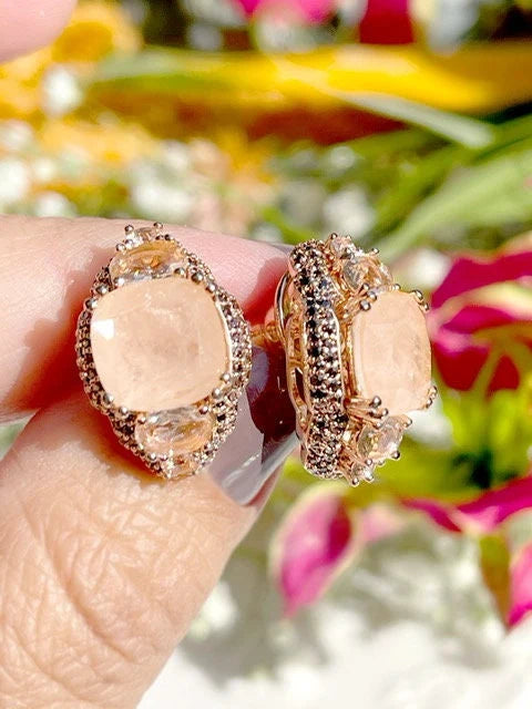 Vintage Inspired Blush Morganite Pink & Brown CZ Rose Gold Post Earrings | Vintage Blush Wedding Earrings | Morganite Design Earrings