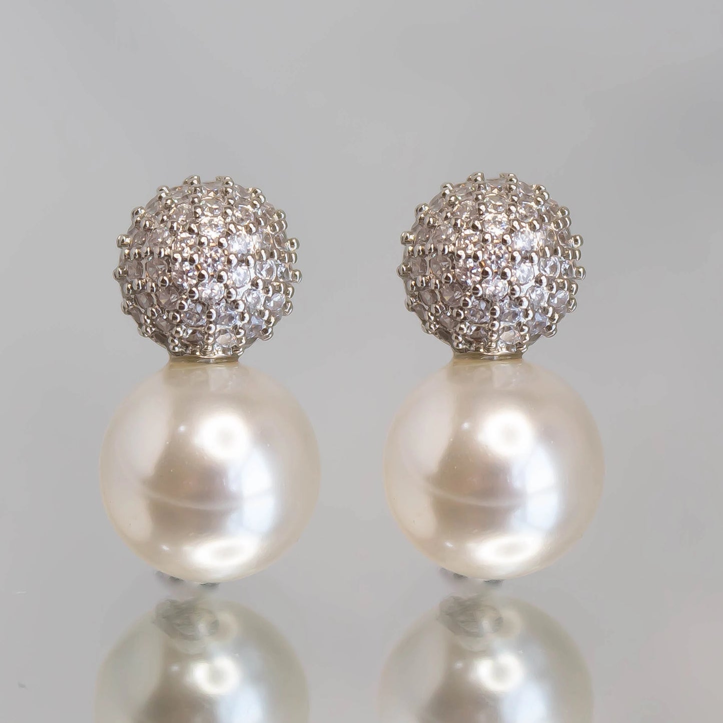 Pearl Zircon Silver Studs, CZ Silver Pearl Earrings, Pearl CZ Silver Ball Earring, Minimalist Earrings, Dainty Bridal Earrings, Gift for Her