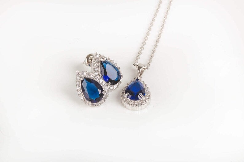 Blue Sapphire Teardrop Earrings & Necklace Jewelry Set