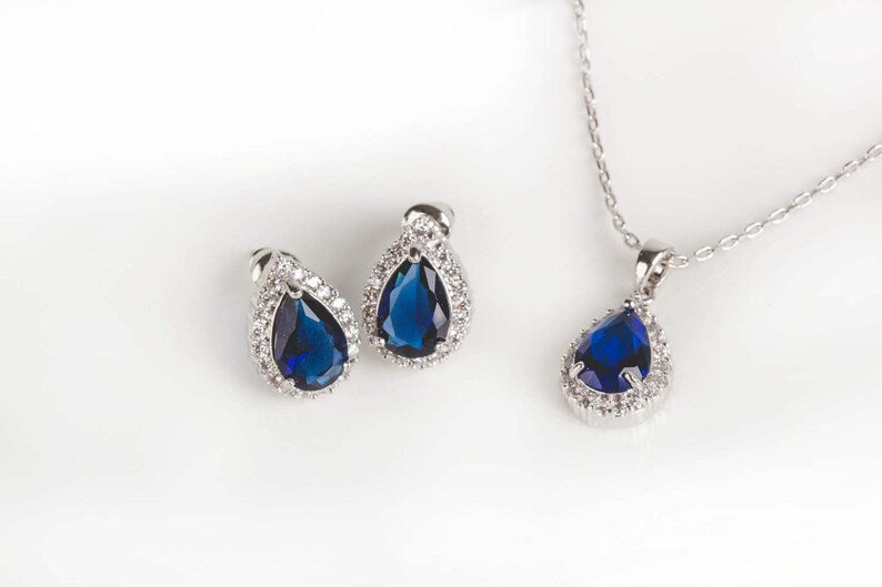 Blue Sapphire Teardrop Earrings & Necklace Jewelry Set