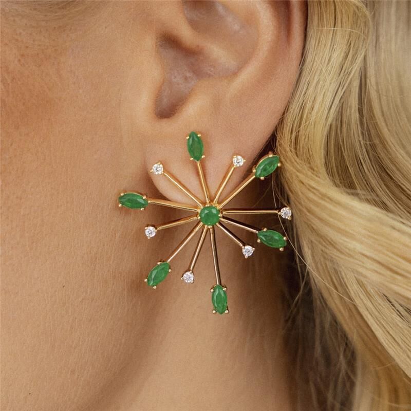 Green Emerald CZ 18kt Yellow Gold Plated Fireworks Earrings